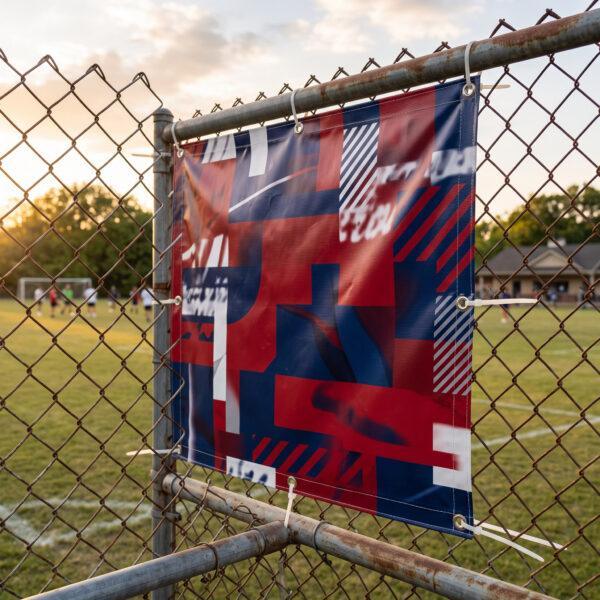 Vinyl banner displayed on a chain-link fence at an outdoor event — Sign America Chicago