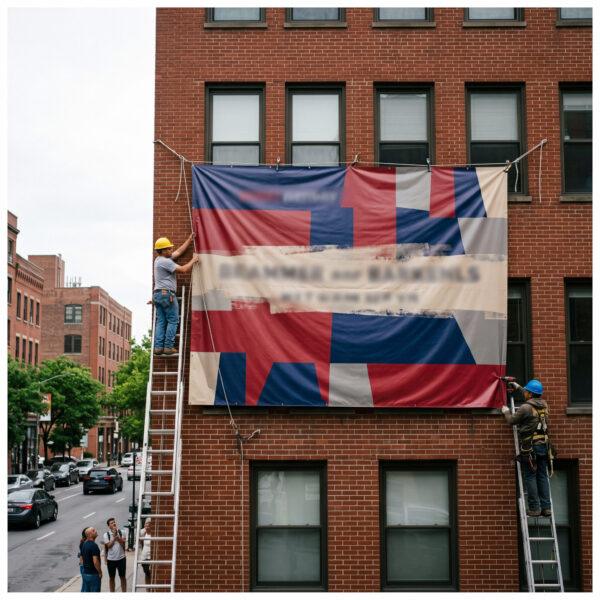 Large-format 15 oz vinyl banner being installed on a building facade — Sign America Chicago