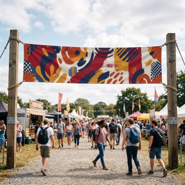 Blockout banner stretched between posts at an outdoor festival entrance — Sign America Chicago