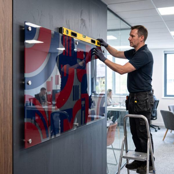 Large acrylic sign being installed on an office wall — Sign America Chicago