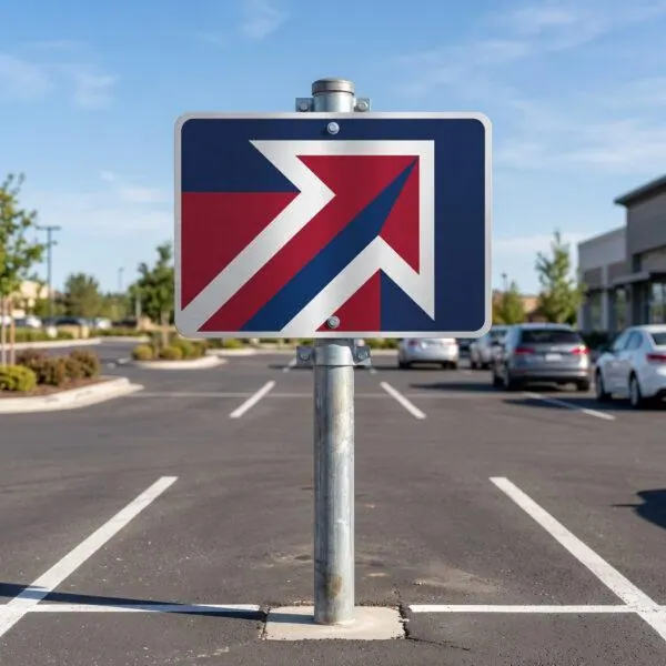 Aluminum directional sign on a steel post in a parking lot — Sign America Chicago