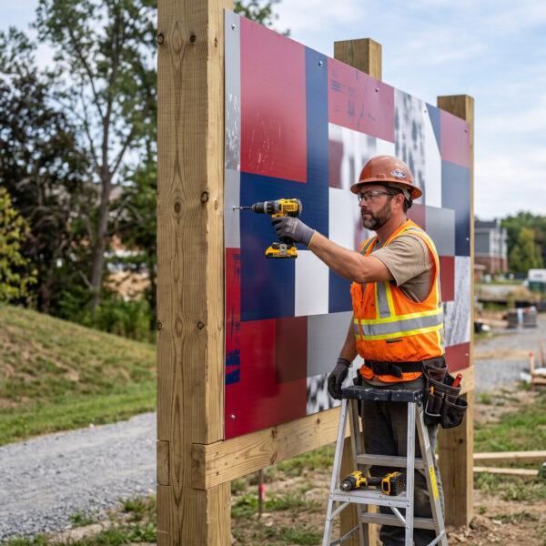 Large aluminum sign being installed outdoors — Sign America Chicago