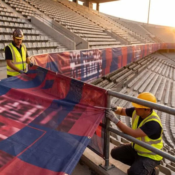 Workers installing a large mesh banner on a stadium railing — Sign America Chicago