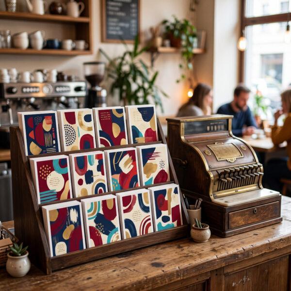 Custom postcards displayed in a rack on a cafe counter — Sign America Chicago