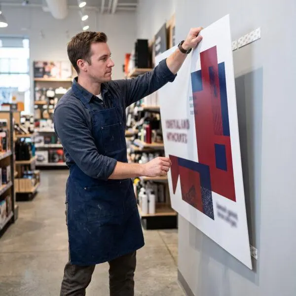 Lightweight PVC sign being mounted on a retail wall — Sign America Chicago