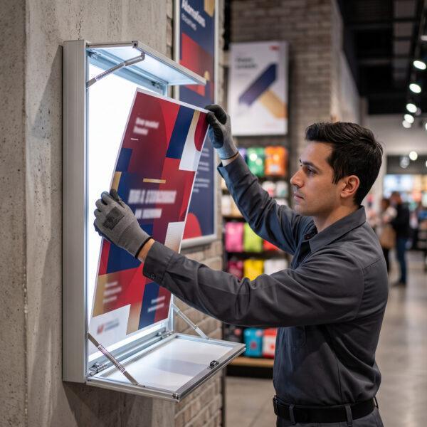Replacement backlit poster being installed into a light box frame — Sign America Chicago