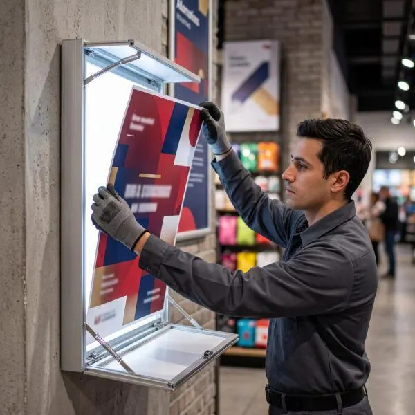 Replacement backlit poster being installed into a light box frame — Sign America Chicago