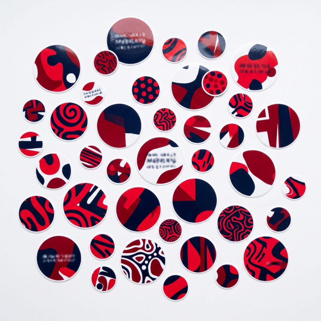 Glossy custom round stickers scattered on white background — Sign America Chicago