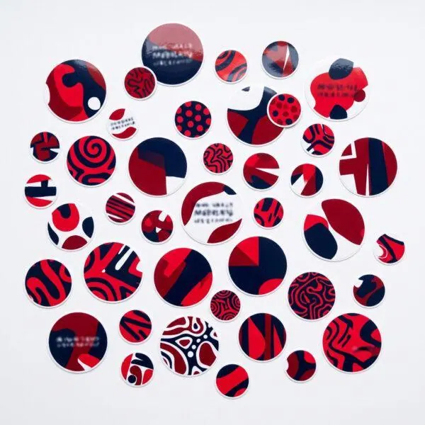 Glossy custom round stickers scattered on white background — Sign America Chicago