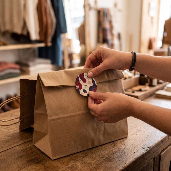 Round sticker being applied to kraft packaging in a boutique — Sign America Chicago