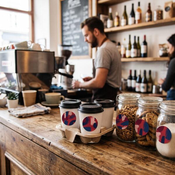 Round stickers sealing coffee cups and jars at a cafe — Sign America Chicago