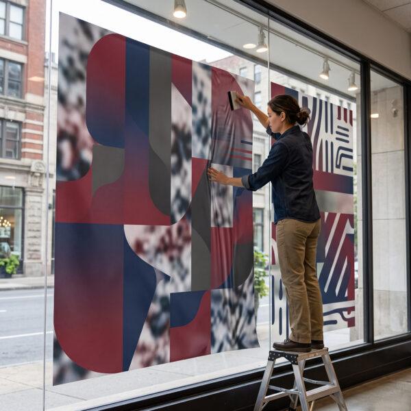 Large window cling being applied to a storefront window — Sign America Chicago
