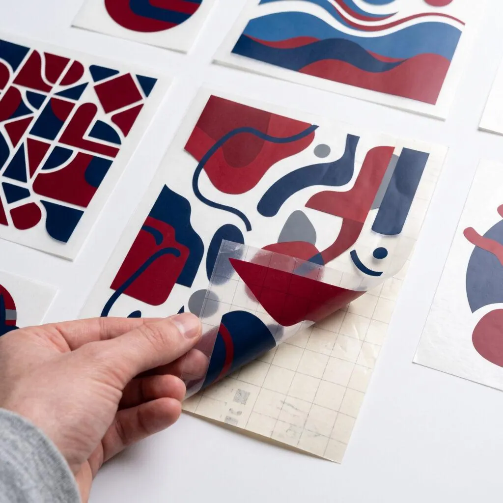 Adhesive vinyl window decals with backing paper on studio background — Sign America Chicago