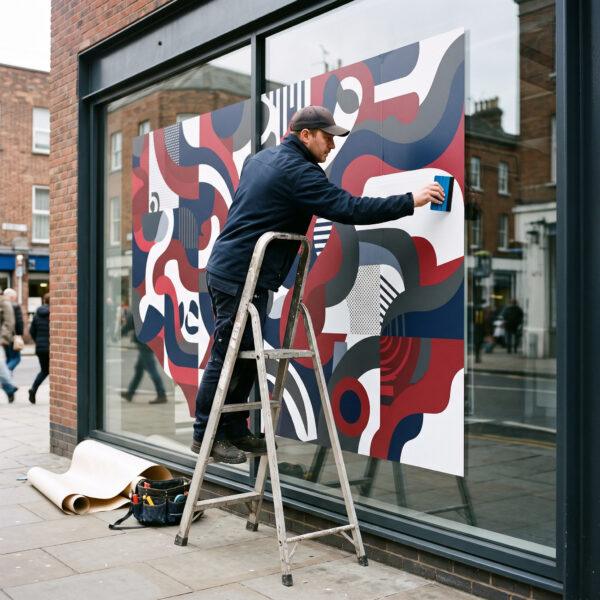 Large vinyl window decal being installed on a shop window — Sign America Chicago