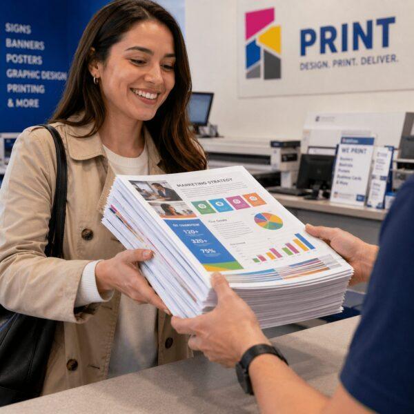 Picking up color document printing at the shop counter — Sign America Chicago