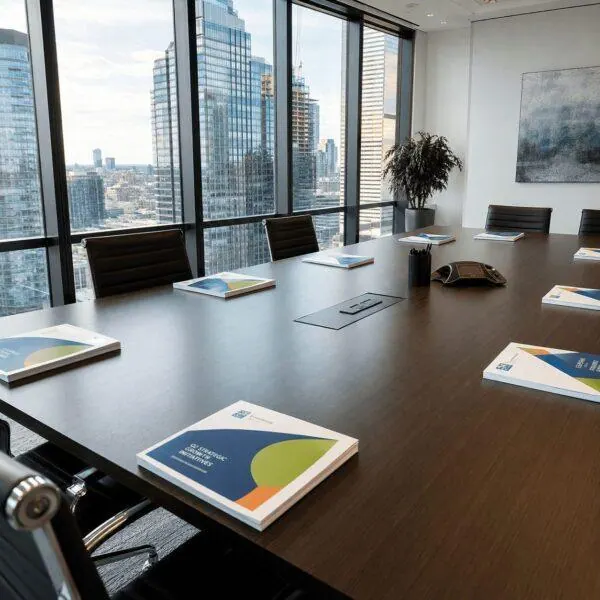 Collated color handout packets on a conference table — document printing Sign America Chicago