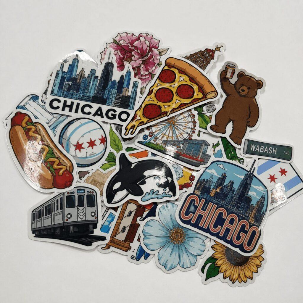 Pile of custom die-cut vinyl stickers cut to shape — Sign America Chicago