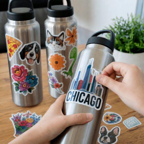 Applying a die-cut sticker to a water bottle — Sign America Chicago