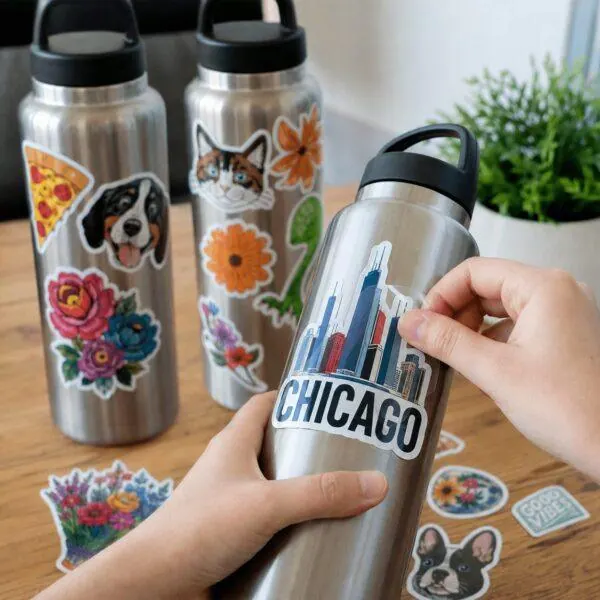 Applying a die-cut sticker to a water bottle — Sign America Chicago