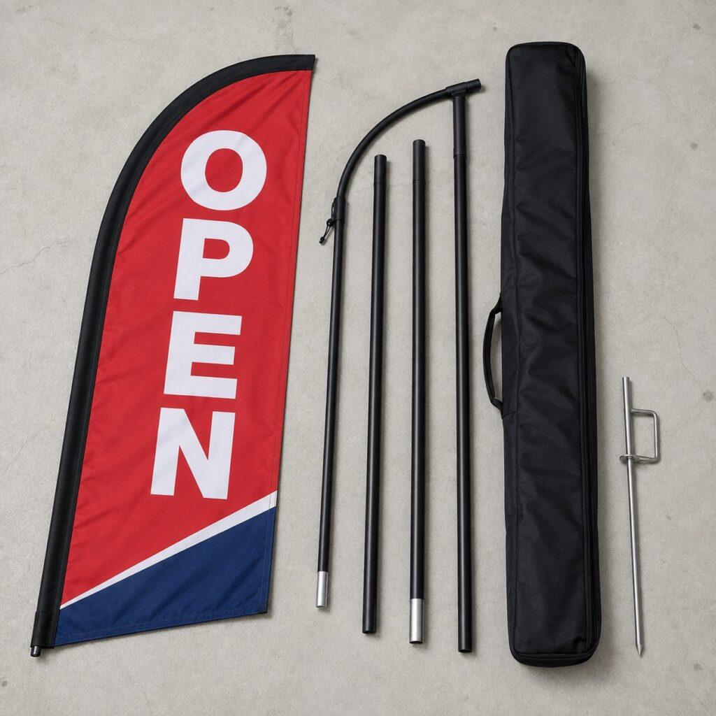 Complete 13 ft feather flag kit with pole sections, carry bag and ground spike — Sign America Chicago