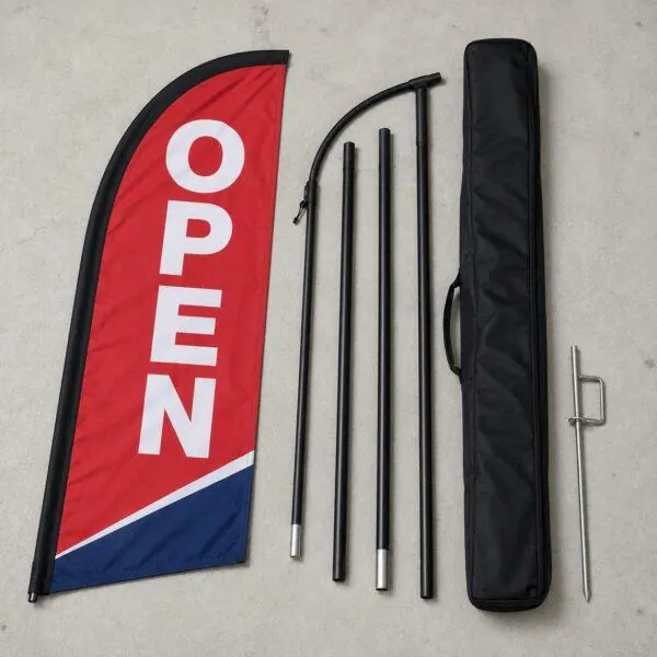Complete 13 ft feather flag kit with pole sections, carry bag and ground spike — Sign America Chicago