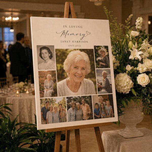 Memorial photo collage board on easel at a reception — foam board posters Sign America Chicago