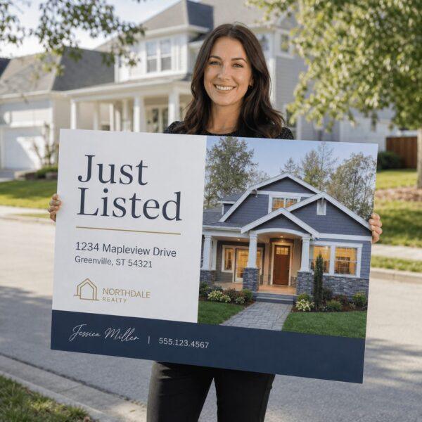 Real estate foam board sign held outdoors — Sign America Chicago