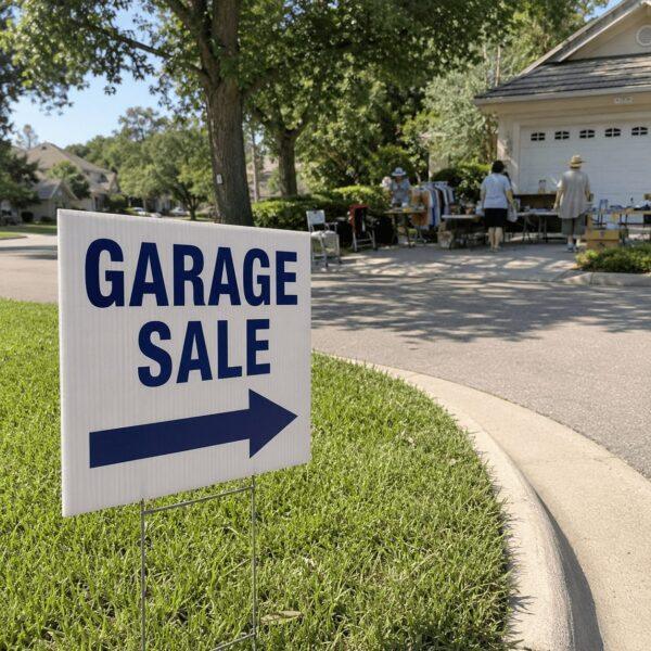 Garage sale sign on a suburban lawn with sale in background — Sign America Chicago