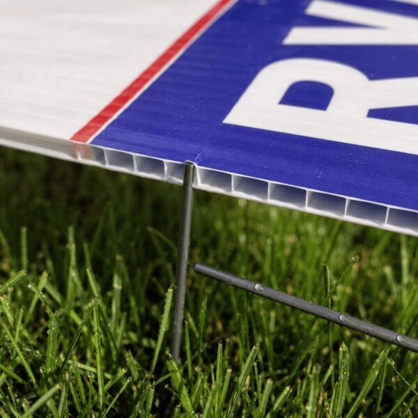 Close-up of coroplast yard sign on wire H-stake — Sign America Chicago